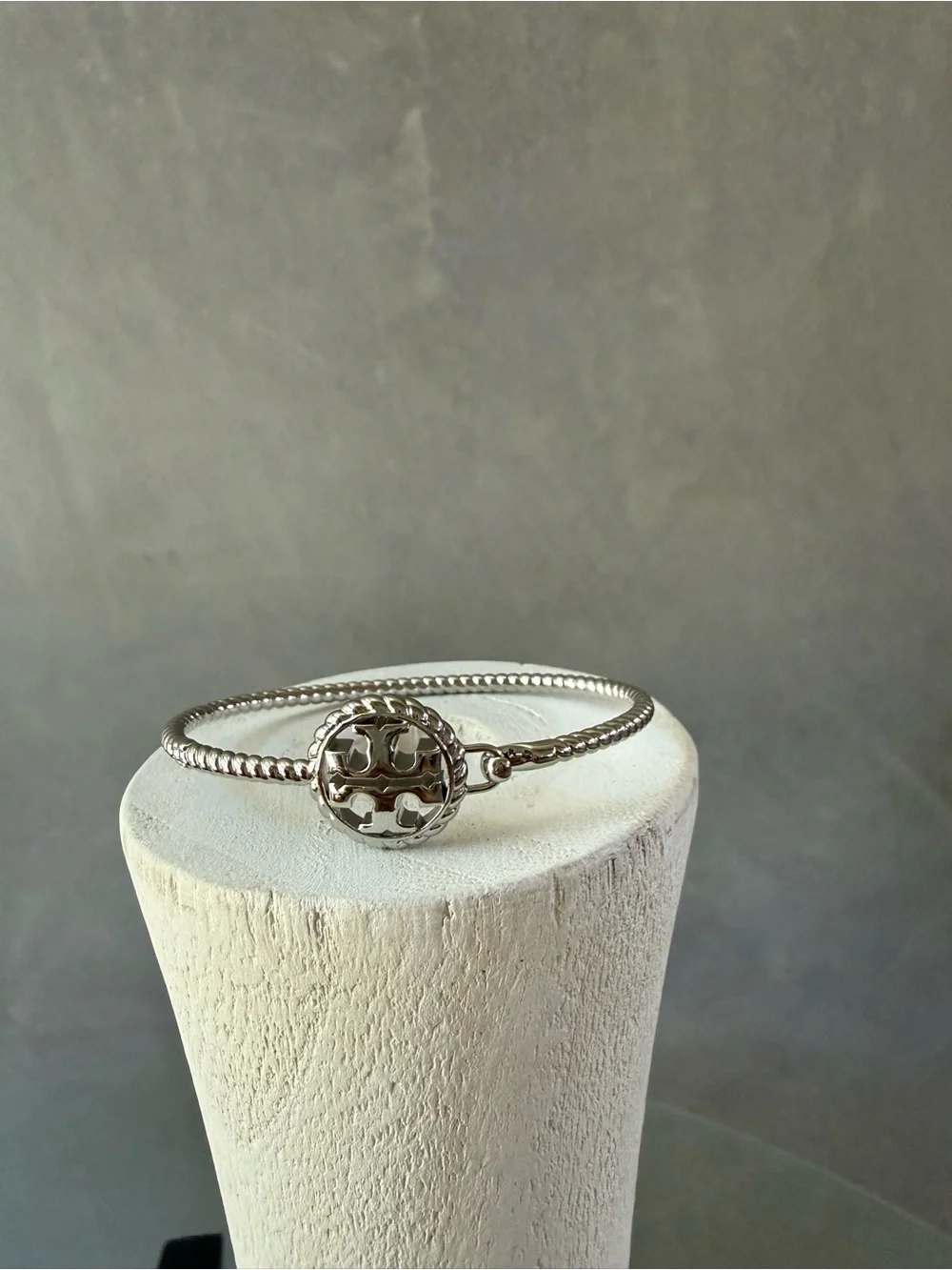Tory Burch Silver Tone Logo Disc Bangle Bracelet